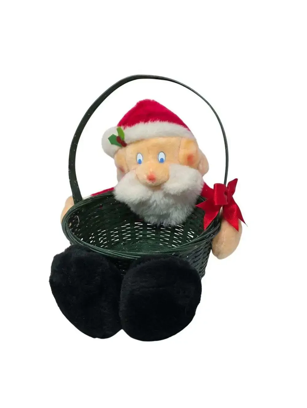 Vintage Plush Santa Christmas Basket Candy Holder Holiday Decor
